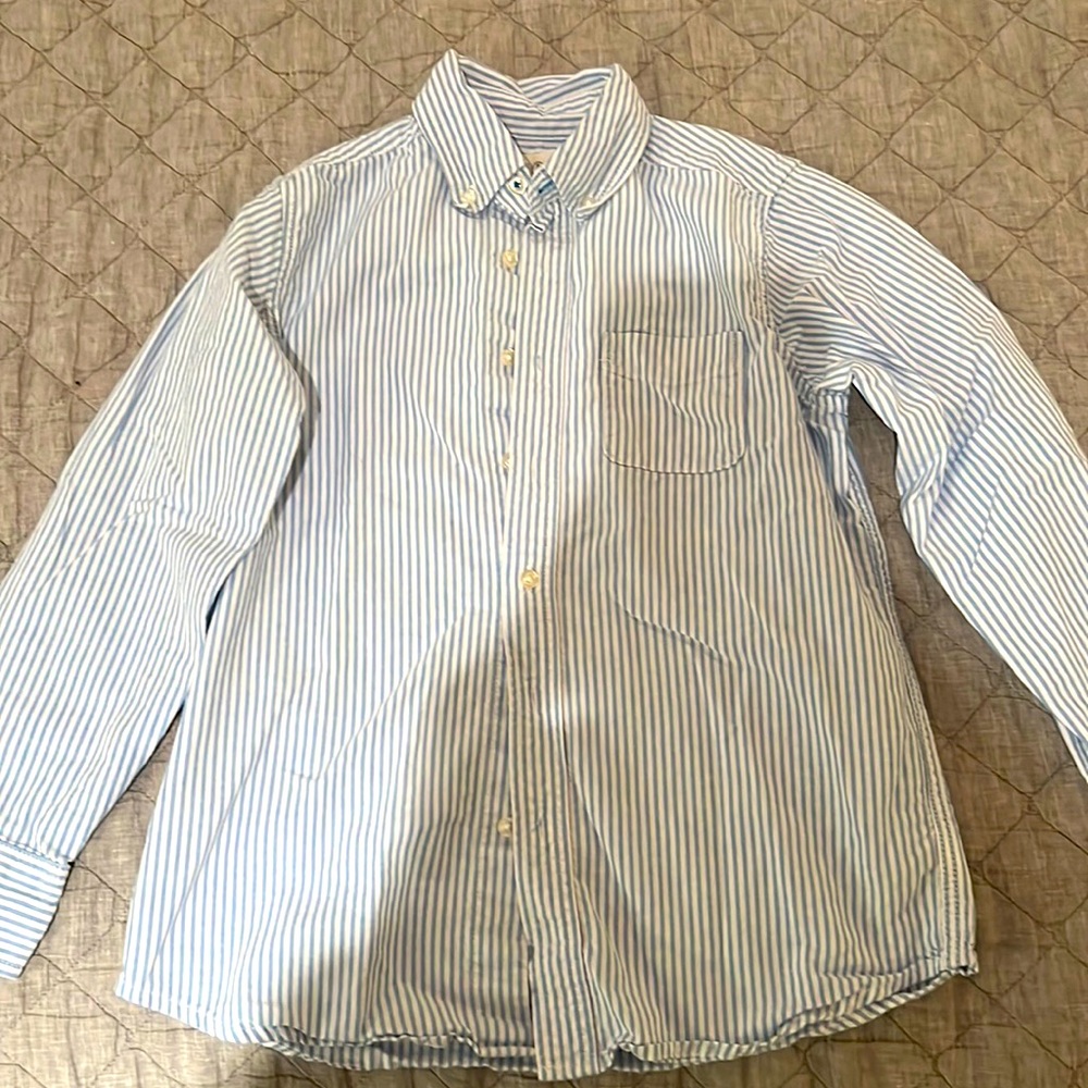 LANDS END kids boys blue pinstripe button down dress shirt size 10-12 years
